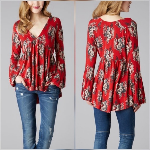 Free People Speak Easy Blouse Red Floral Top NWT - Picture 2 of 6